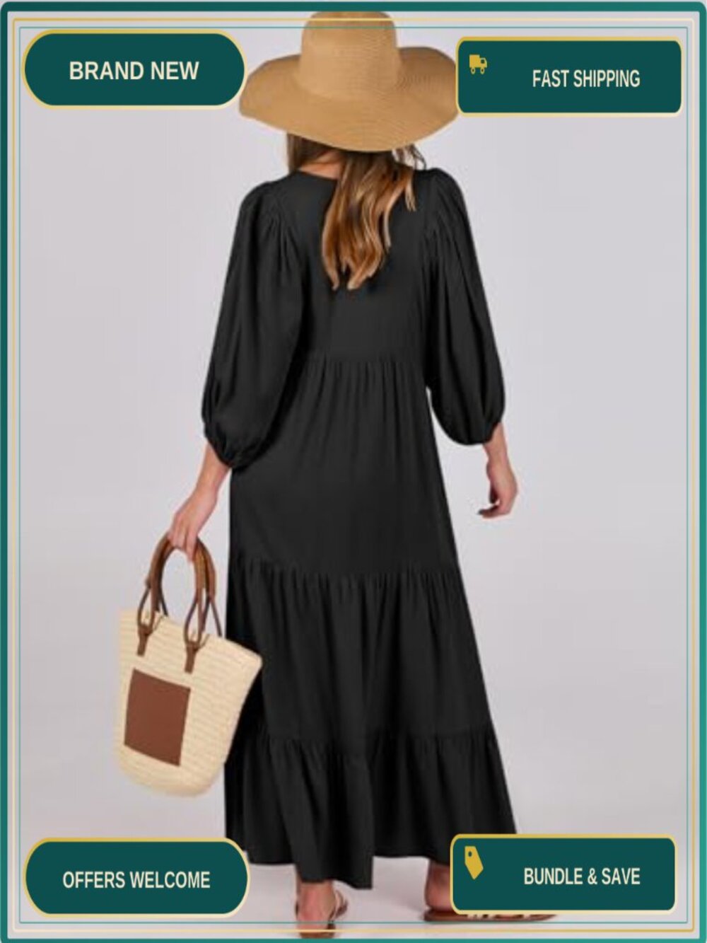 Womens Boho Floral Maxi Dress Long Sleeve Puff Sleeve Rayon A-Line V-Neck Tiered - Picture 2 of 6